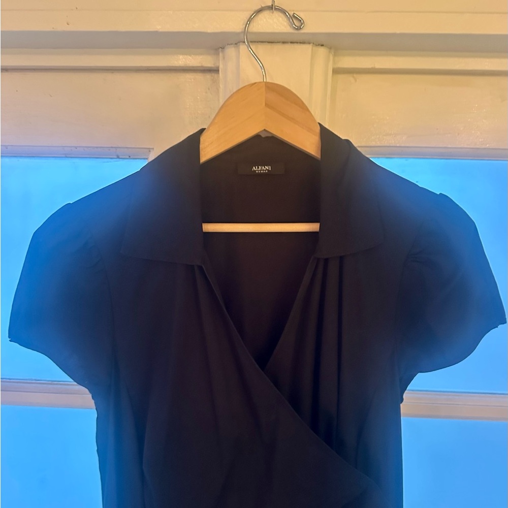Wrap Dress. Black, Midi length. Capped Sleeve. Cotton Blend. Classic. LBD - Picture 3 of 11